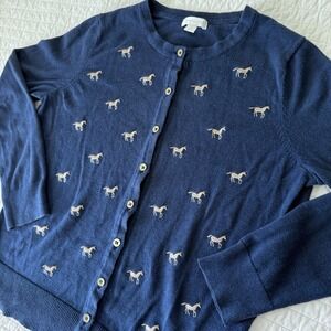Charter Club Navy Blue Cardigan Embroidered‎ Horse Print Women's MEDIUM Preppy